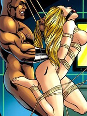 Bigboobed gagballed blonde babe gets both her holes plowed by cruel blac guy while in bondage.