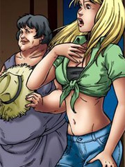 Awesome bdsm art pics of cute blonde stunner involved in dirty bdsm games by group of perverted farmers.
